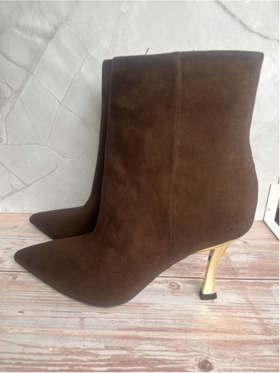 Nine West Shoes - Nine West Brown Suede Gold Heel Pointed Toe Ankle Bootie Size 6 NEW